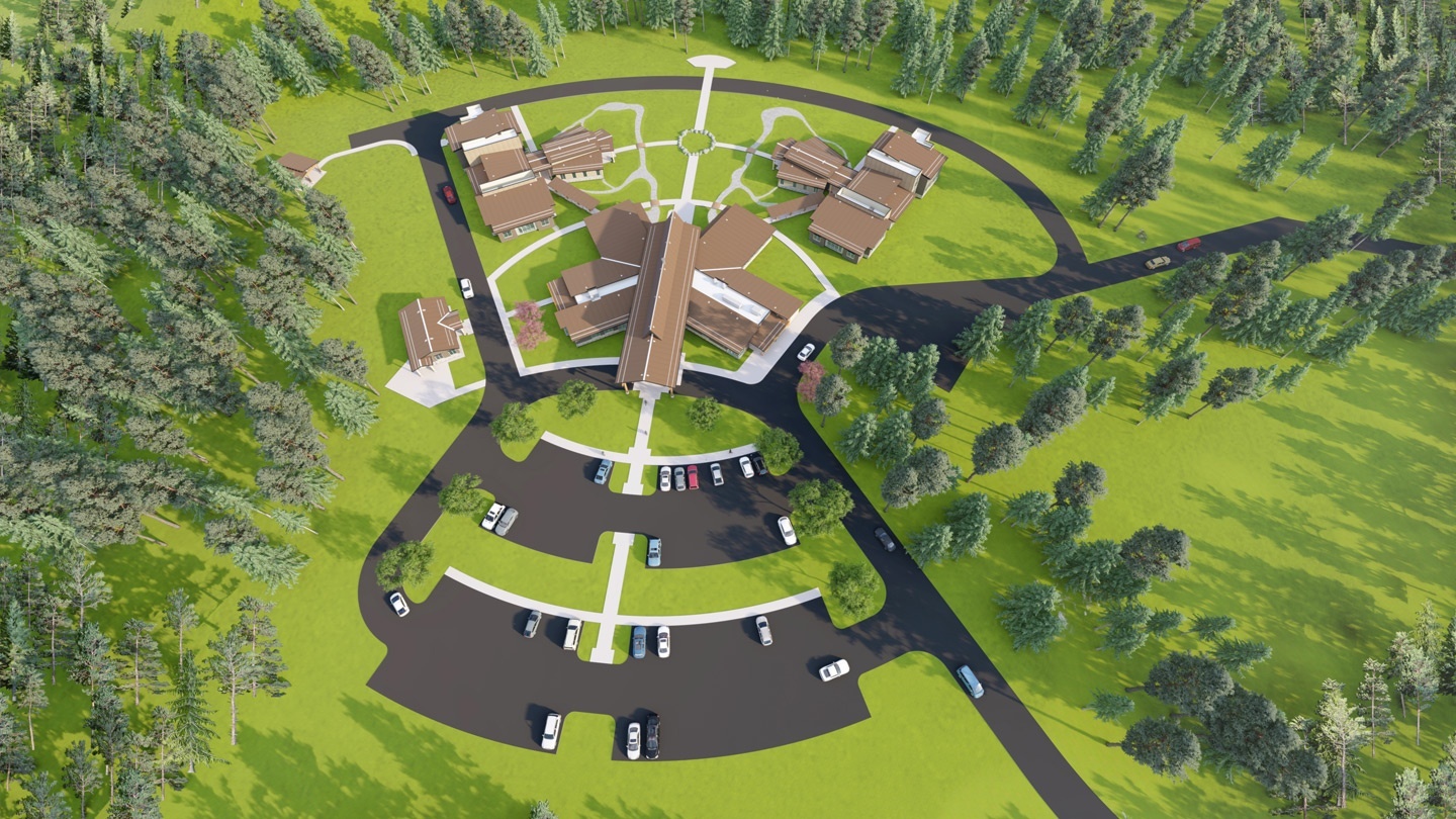 A digitally created mock up of the facility and grounds as it would look from the air including parking lot, sidewalks, buildings, and outdoor features