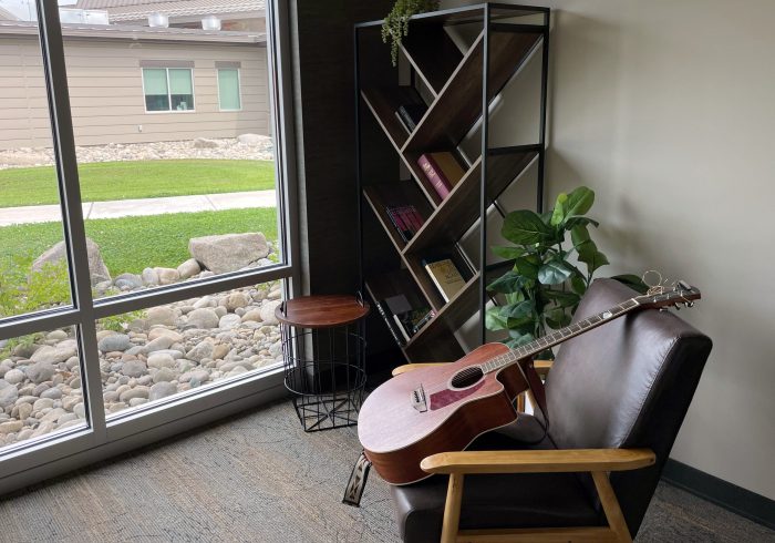 Quiet reading nook with guitar